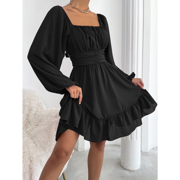 BohoGypsyDreamer Dresses & Skirts - square neck long sleeve Knot Back Lantern Sleeve Ruffle Hem Dress black